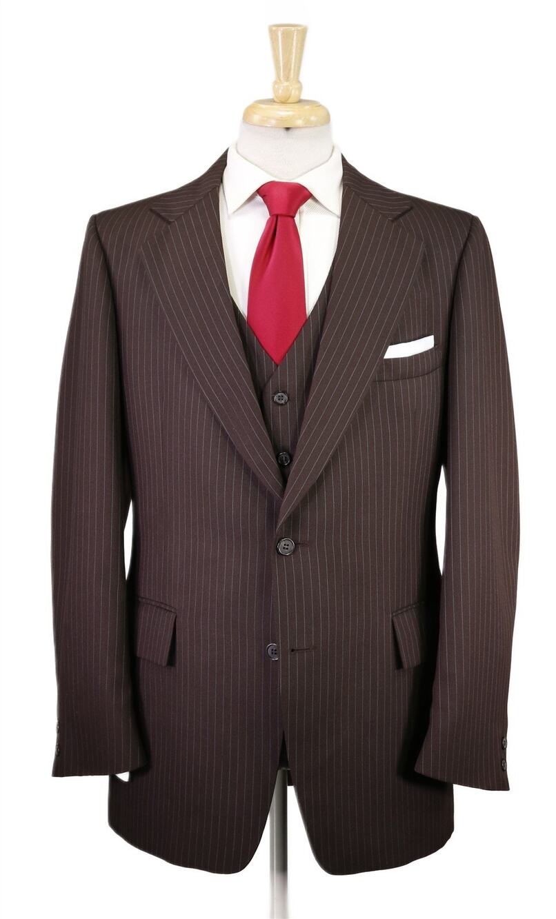 Vintage 1970's Brown Pinstripe 3-Piece Polyester 2-Btn Flared Pants Suit 42L